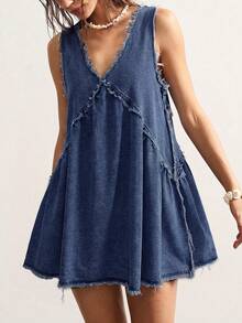 Bohemela Đầm denim nữ dáng rộng, không tay, cổ chữ V, viền tua rua. - Rửa tối - Xem 1