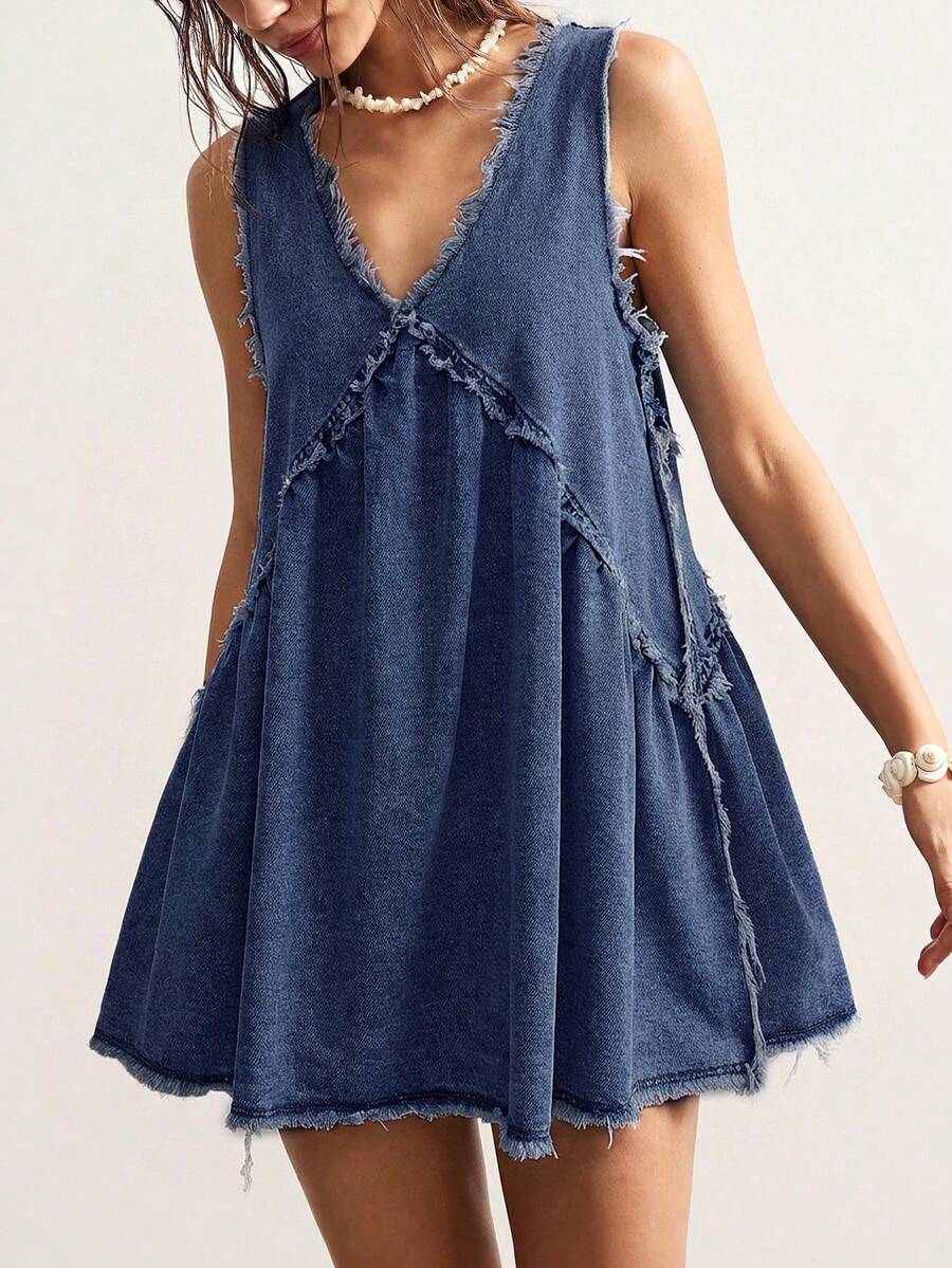 Bohemela Đầm denim nữ dáng rộng, không tay, cổ chữ V, viền tua rua. - Rửa tối - Xem 1