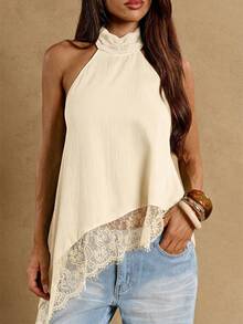 SHEIN BAE Women's Black Asymmetrical Hem Lace Patchwork Elegant Halter Neck Top - Apricot - View 5