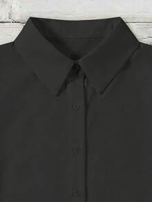 EMERY ROSE 母亲节度假风大码女式黑色纯色休闲宽松V领双层喇叭袖衬衫，女士衬衫，豹纹上衣，棕色豹纹衬衫，女士豹纹衬衫，秋季款式 - 黑色 - 查看 3