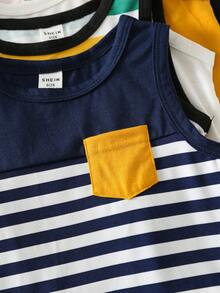 SHEIN 5pcs/Set Unisex Baby Boy Casual Cute Colorblock Striped Knit Tank Top Set, Baby Boy Summer Clothes, Tops - Navy Blue - View 5