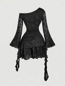 SHEIN MOD 大码女士棕色荷叶边不对称肩部连衣裙 - 黑色 - 查看 5