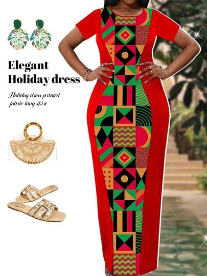 Fleurora Plus Size Geometric Color Block Print Fitted Midi Dress