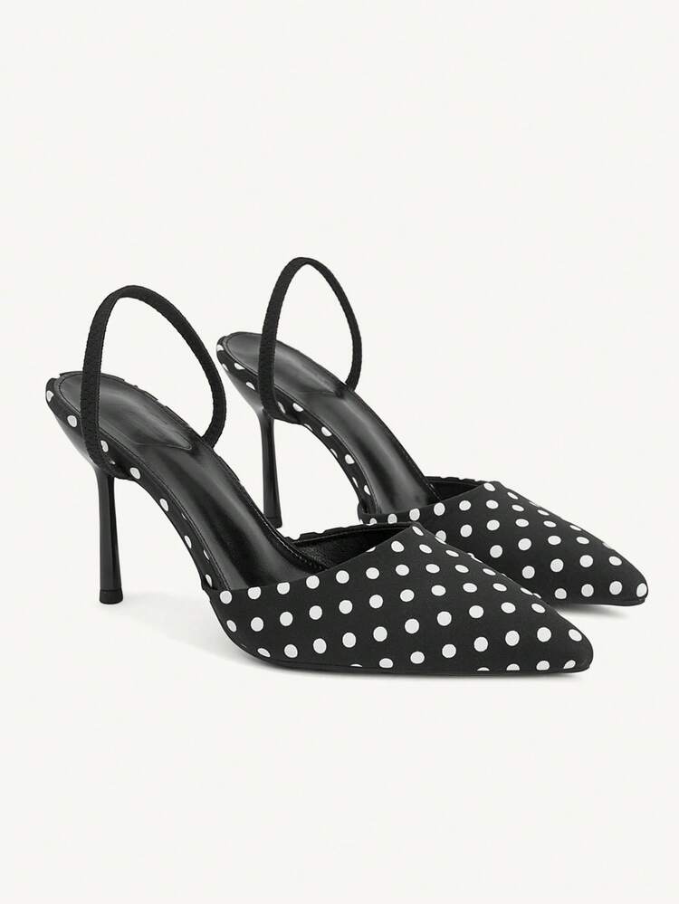 CUCCOO CHICEST Women's Shoes Retro Polka Dot Pointed High Heel Rear Strap Sandals, French Retro Light Mature Style, Classic Black And White Polka Dot & Simple Pointed Design, Elegant Retro And Playful, Suitable For Women Who Prefer Light Mature Style Wear, Suitable For Daily Commuting, Dating Or Light Social Occasions