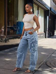 Denimoi 女士休闲水洗低腰喇叭裤 - 藍色 - 查看 5