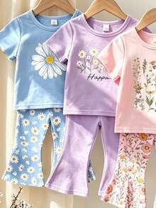 6件套女婴套装（6个月-2-3岁）雏菊印花+“HAPPINESS”标语短袖T恤和喇叭裤，轻便舒适，适合日常穿着、上学、生日派对、野餐、春、夏、秋季户外活动。 - 彩色 - 查看 5