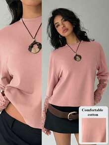 Aloruh Women's Casual Solid Color Crew Neck Fitted T-Shirt With Sweet Lace Patchwork - Dusty Pink - View 3