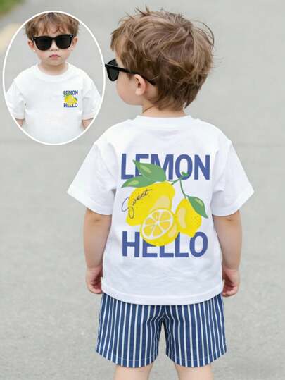 SHEIN Playful Pals Baby Boy New SS26 Fashion Casual Versatile Cute Lemon Print Vacation Style Soft Short Sleeve Top, Squishy, Boys Clothing, Boys Tops, Spring Summer, Toddler Apparel, Summer Comfortable Casual Wear, Summer Outfits, Outdoor, Photography, Indoor, Holiday, Gift
