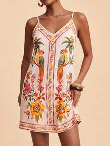Travachic Spring/Summer Vacation Woven Printed Spaghetti Strap Mini Dress For Women - Multicolor - View 6
