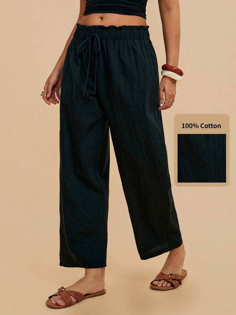 Travachic Plus Size Black 100% Cotton Casual Pants, Simple Fashion Everyday Wear - Black - View 1