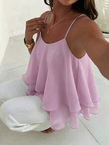 Aloruh Atasan Musim Semi/Panas Romantis Elegan untuk Kencan, Liburan, Koleksi Terbaru, Bahan Chiffon Bertekstur dengan Tali Bahu Tipis, Warna Hijau Muda untuk Wanita, Atasan Musim Panas - Baby Pink - View 4