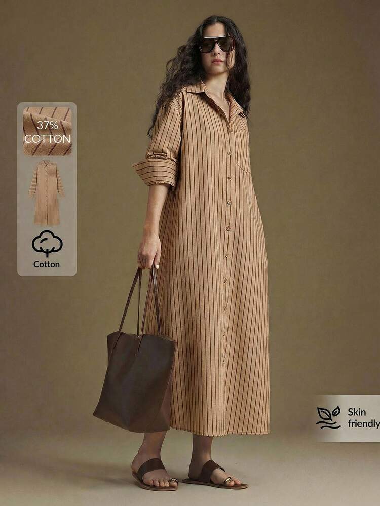 Women's Striped Shirt Dress, Loose Long Casual Dress For Urban Commute, Business, Vacation, Beach, Wedding Guest, Holiday, Office Wear