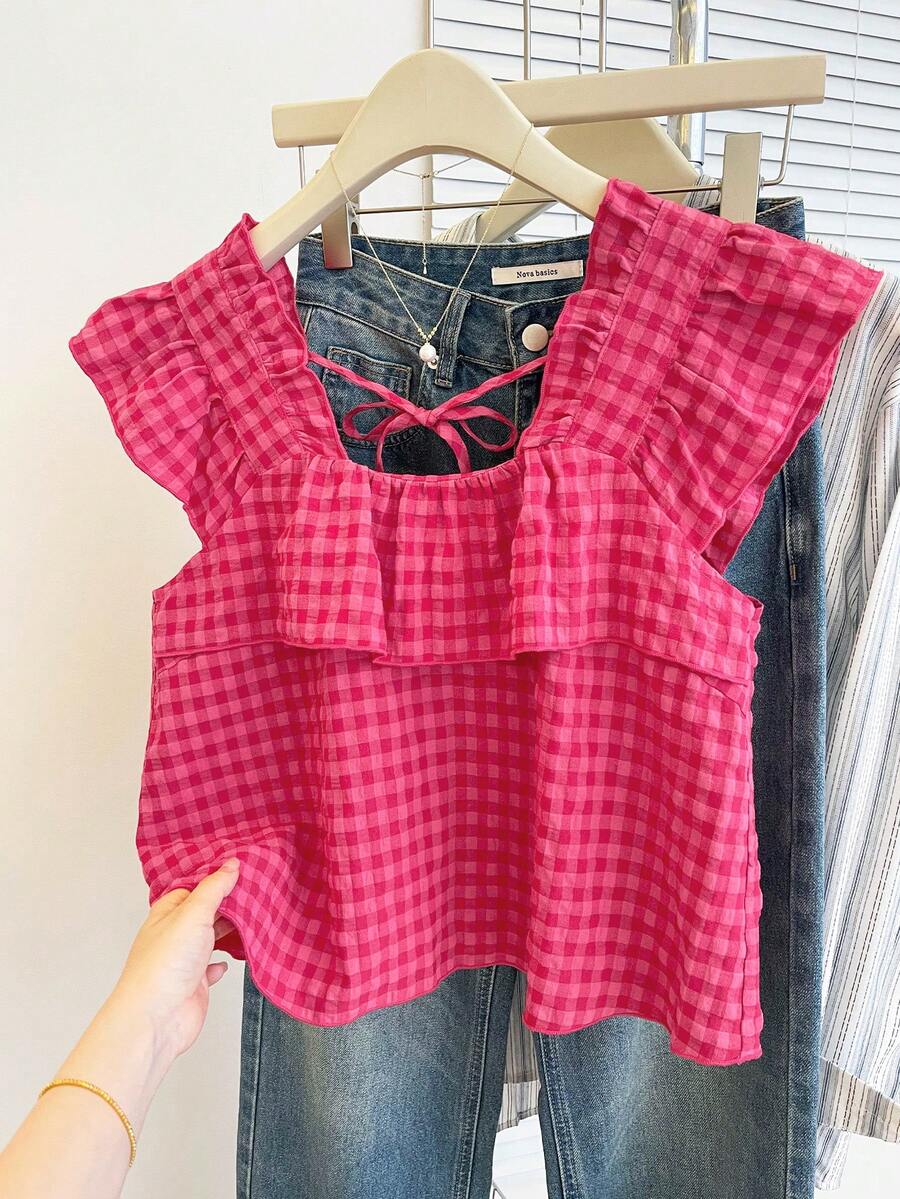 Resyla 女士格子拼接荷叶边休闲衬衫 - 玫紅色 - 查看 1