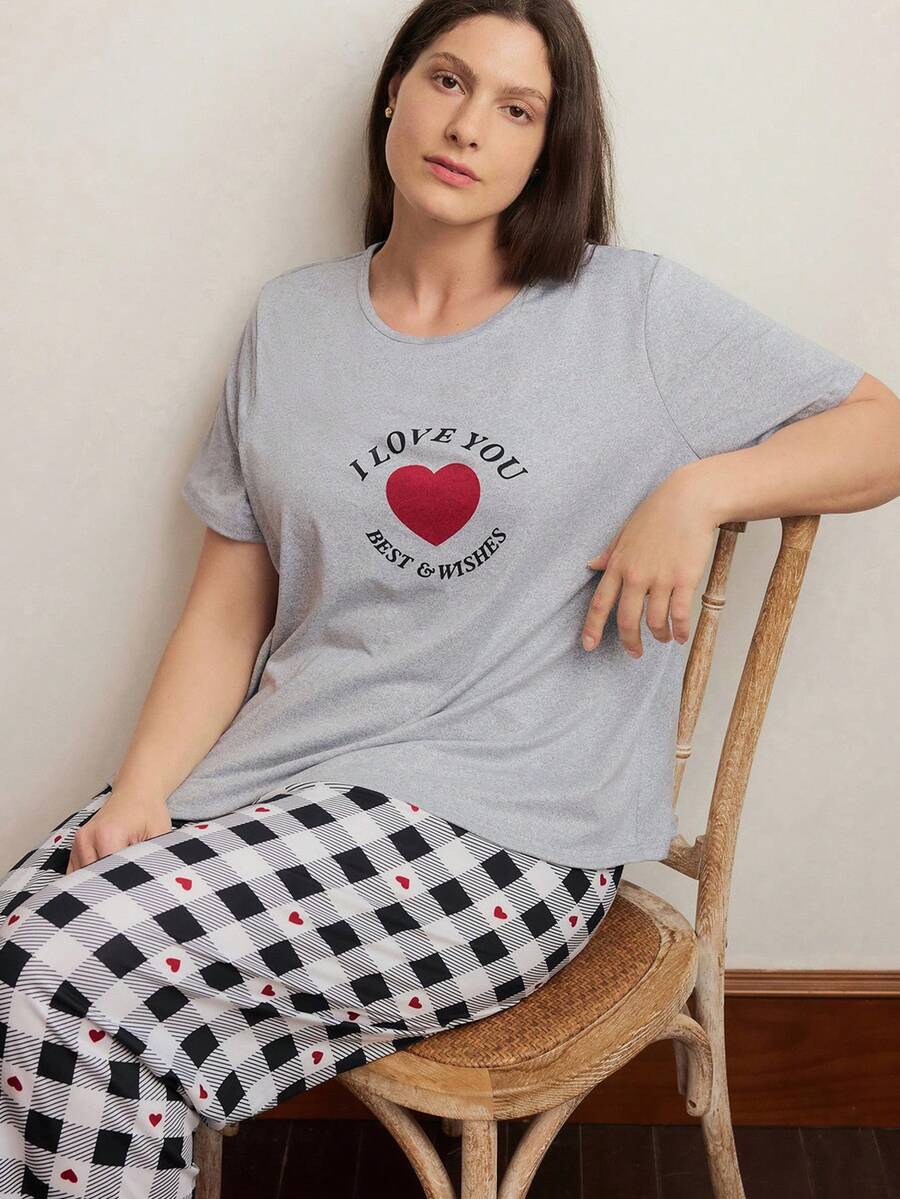 Dream Adore Plus Size Short Sleeve & Pants Casual Plaid Heart Print Pajama Set For Women - Multicolor - View 1