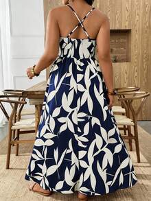 Weeklong Vestido longo feminino plus size com estampa tropical, sem mangas, ombros à mostra, alças finas e cintura marcada. Modelo solto, casual, para férias na praia, viagens e moda sexy e elegante para o verão. - Azul Real - Ver 2