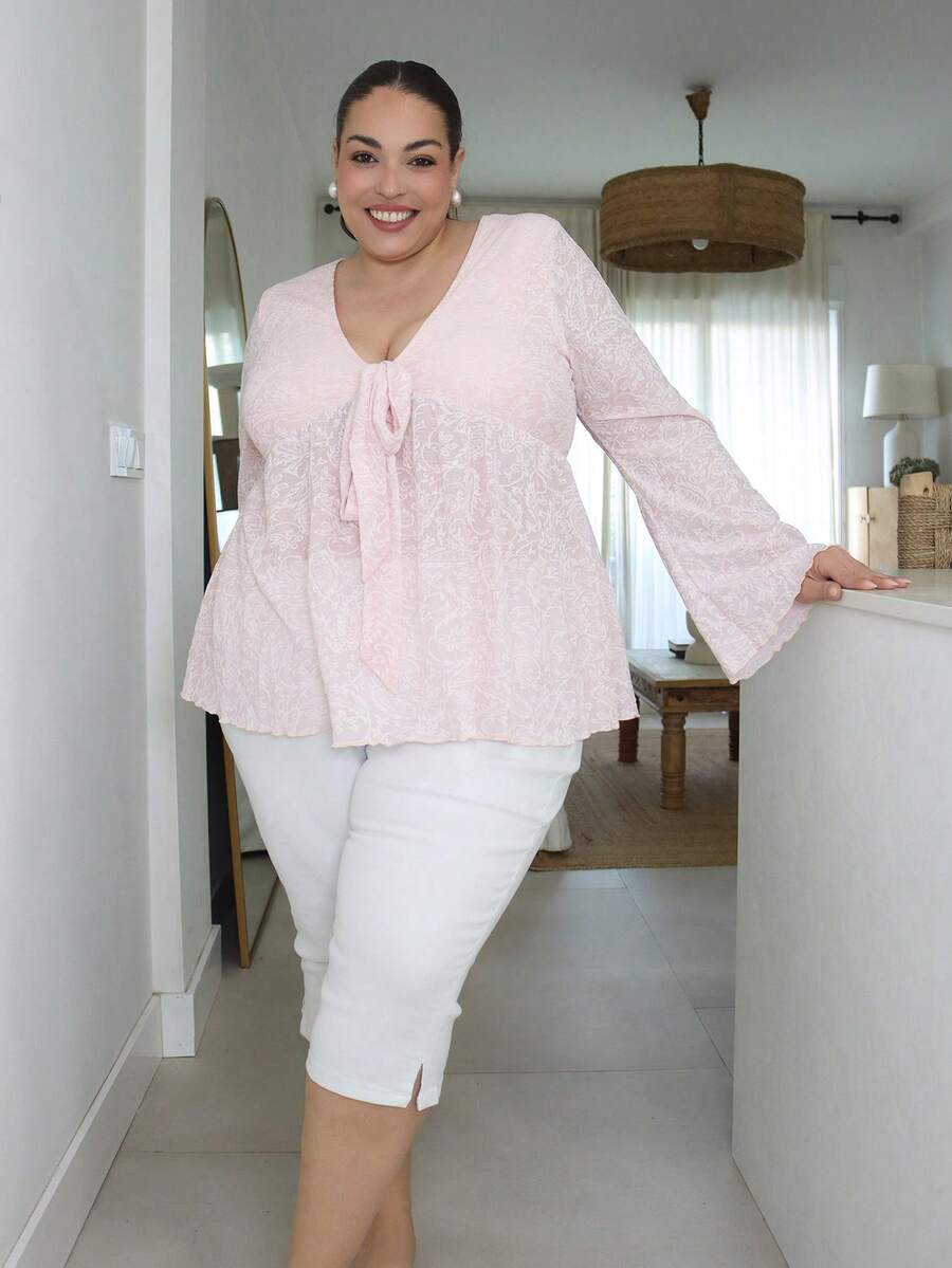 Pretty and Ole Plus Size Women Casual Commuter Cashew Flower Print Long Sleeve T-Shirt - Pink - View 1
