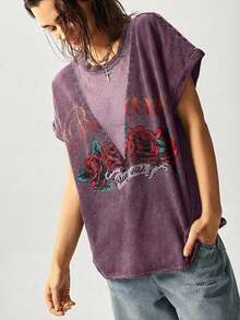 Bohemela Western Style Solid Color Pattern Knit Crew Neck Washed T-Shirt For Women, Summer - Purple - View 5