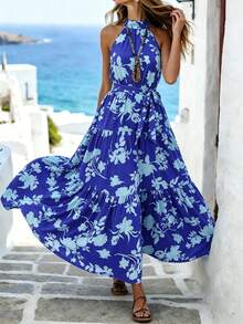 Breezaya Women's Light Blue Floral Summer Boho Halter Neck Maxi Dress,Allover Print Layered Hem Belted Elegant Long Holiday Vacation Outfits For Beach Resort - Royal Blue - View 4