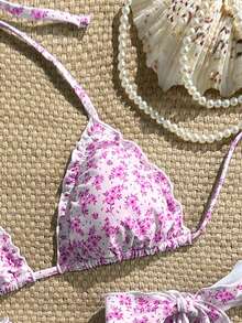 Swim Vcay Women's 2pcs Ditsy Floral Ruffled V-Neck Halter Bikini Set Set, Summer - Hot Pink - View 3