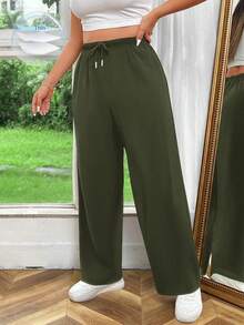 Flirla Damen Große Größen Einfarbige Hose mit Kordelzug Taille, vielseitig für den täglichen Gebrauch - Armeegrün - Übersicht 1