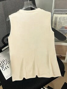 SHEIN LUNE 女士圆领水钻仿珍珠装饰休闲百搭日常上衣 - 杏色 - View 2