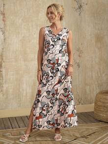 EMERY ROSE 女士休闲树叶图案V领长连衣裙，适合秋夏季穿着 - 彩色 - 查看 5