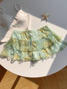 Comfortcana 春夏新款女士绿色蕾丝双层半身裙，适合音乐节、海滩度假、下午茶、约会、性感穿搭、Y2K风格、休闲街头风、日常穿着。 - 綠色 - 查看 2