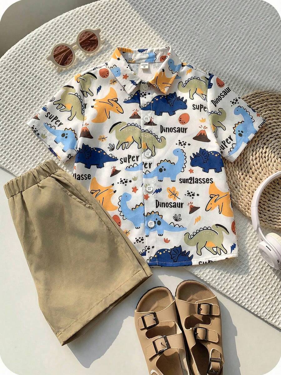 SHEIN 两件套男童舒适休闲日常百搭可爱恐龙印花夏威夷领短袖衬衫短裤套装，适合春夏季节、日常穿着、运动、郊游、上学、聚会、节日、拍照、返校、度假、海滩等场合。