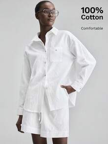 Ontre 2026春夏新款女士两件套，梭织面料，适合情人节和婚礼季，白色宽松衬衫和短裤，时尚商务休闲风，独立日、都市时尚、简约通勤风。 - 白色 - 查看 6