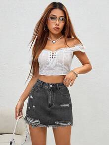 SHEIN ICON 女士夏季做旧毛边不对称口袋牛仔裙裤 - 灰色 - 查看 7