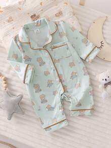 SHEIN Vintaside Kids Newborn Footed Pajamas, Cartoon Dinosaur Print Pattern With Drawstring Trim, Soft And Comfortable Fabric - Green - View 5