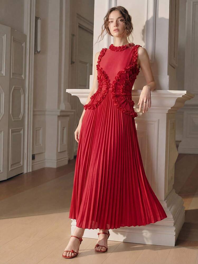 Women's Elegant Resort Wear Dress, Summer Ruched Flounce Hem Red Dress