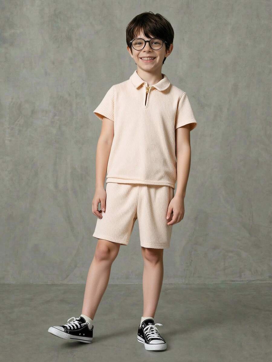 SHEIN Casuvi Kids 2pcs Young Boy Casual Ribbed Fabric Half Zip Jacket And Shorts Set,Versatile For Summer,School,Outdoor,Holiday,Travel,Simple & Comfortable Outfit - Khaki - View 1