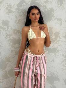 Glamine Quần dài nữ kẻ sọc bằng vải cotton lanh, quần ống rộng thoải mái kiểu dáng thường ngày, thích hợp cho kỳ nghỉ biển hoặc vùng quê, thanh lịch và tự nhiên, mùa hè. - Nhiều màu - Xem 6