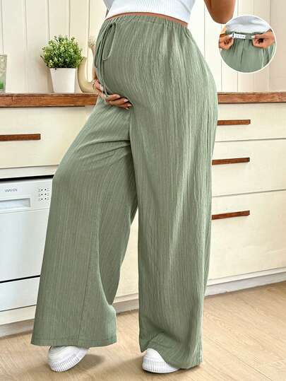 SHEIN Maternity Solid Color Adjustable Waist Pocket Casual Versatile Loose Pants For Daily Wear