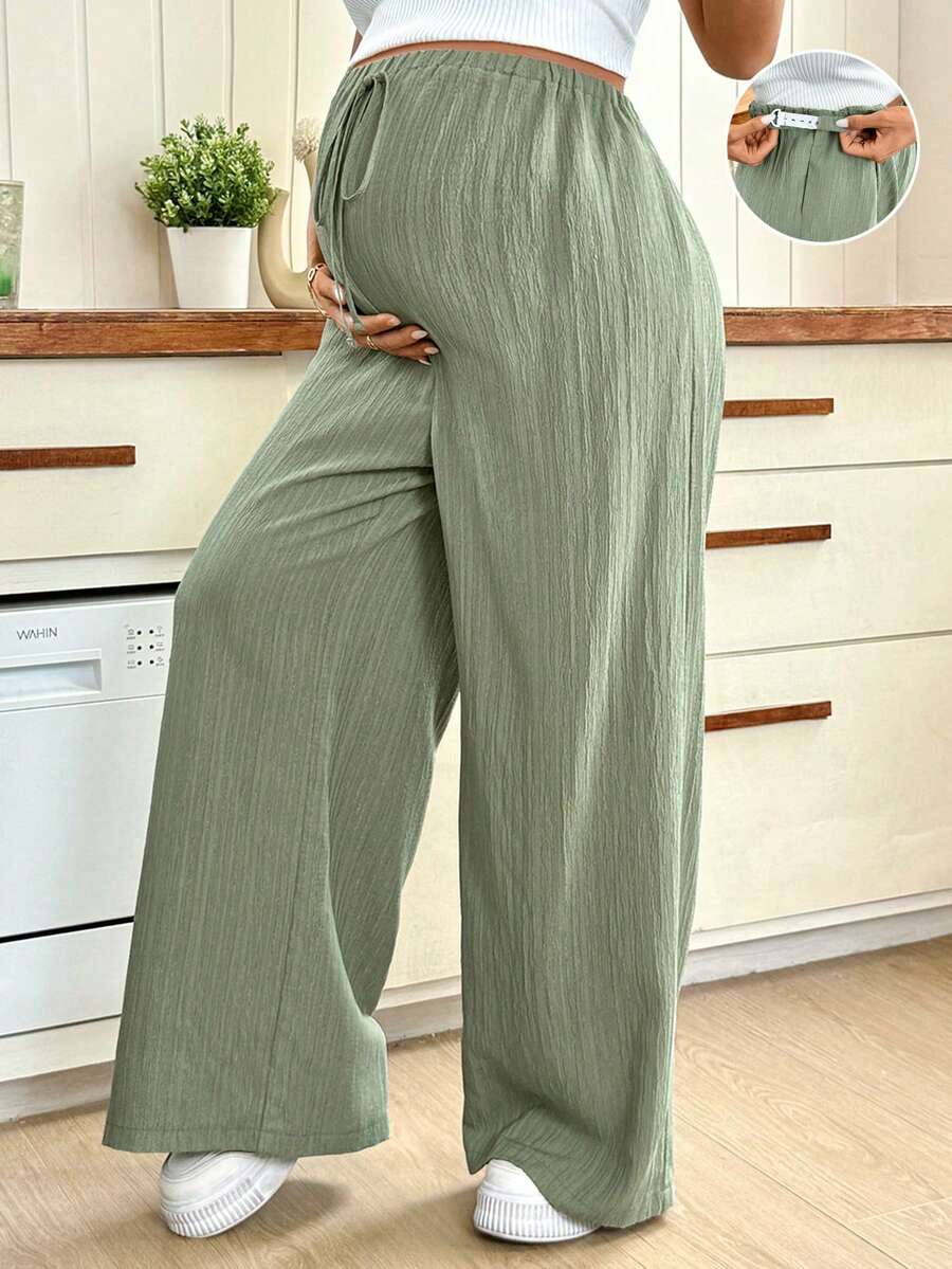 SHEIN Maternity Solid Color Adjustable Waist Pocket Casual Versatile Loose Pants For Daily Wear - Green - View 1