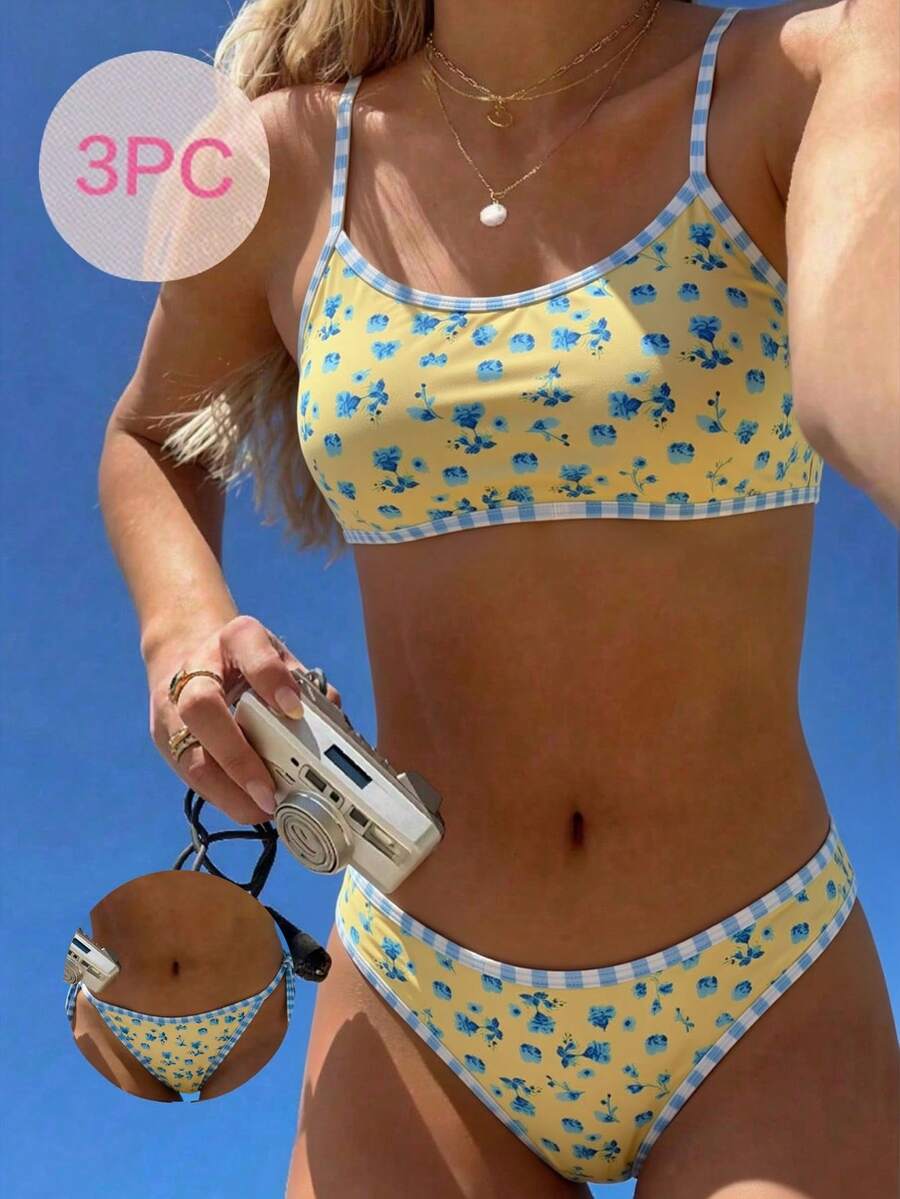 Swim Mod 2025新款3件套女士吊带无钢圈纯色比基尼泳装套装 - 彩色 - 查看 1