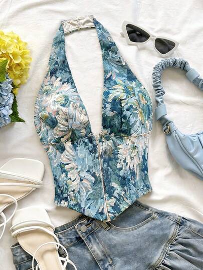 Soleia Áo kiểu nữ thanh lịch, hở lưng, cổ yếm, chất liệu jacquard, thích hợp cho mùa hè.