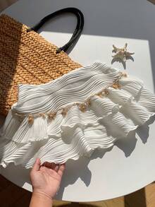 Comfortcana 白色夏季波西米亞風海灘度假女款雙層蛋糕裙，紋理布料荷葉邊裙擺配海洋鏈條，優雅派對風 - 白色 - 查看 7
