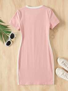 SHEIN Tween Girls Bow Print Black & White Contrast Color Fitted Casual Everyday Dress - Pink - View 2