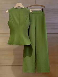 GlowEve Women's Solid Color Single-Breasted Vest With Casual Pants 2 Pieces Set, Suitable For Commuting And Office - Army Green - View 2
