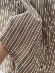 Comfortcana Plus Size Women Spring/Summer Striped Single-Breasted Vest And Shorts Suit Set Ladies Summer Outfit Striped Two Piece Set Two Piece Short Set Women Striped Vest And Shorts Set - Khaki - View 6