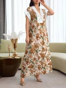 SHEIN Najma 女士V领优雅印花蕾丝拼接短袖摆裙 - 棕色 - 查看 6
