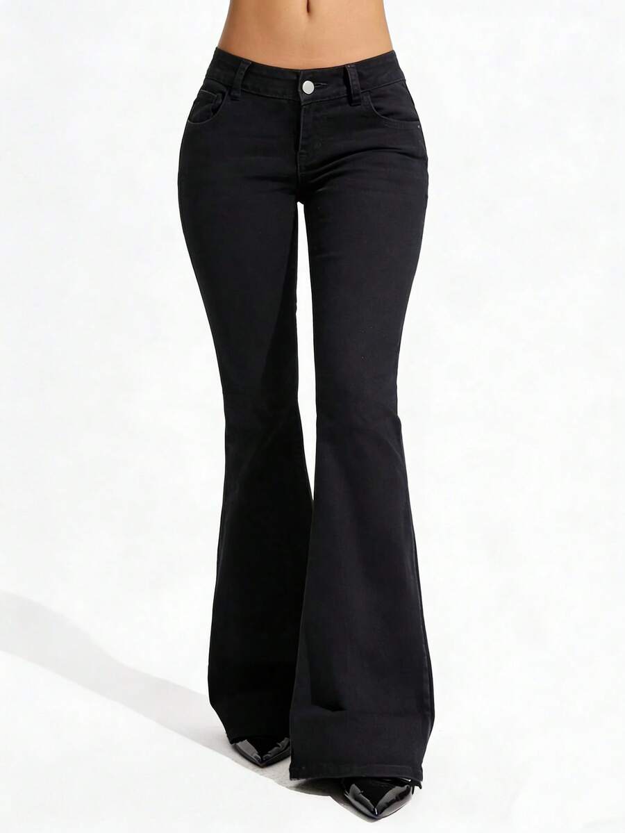 SHEIN Tall Women's Casual Versatile Flared Jeans With Pockets - Black - View 1