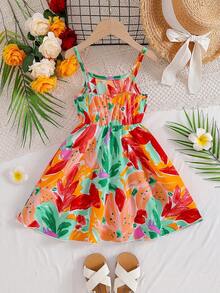 SHEIN 适合4-7岁女童的热带花卉印花无袖连衣裙，吊带A字裙摆，活泼可爱，时尚别致，清爽舒适，适合夏季海滩度假、派对、户外玩耍 - 彩色 - 查看 2