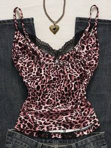 SHEIN Sexy Lace Patchwork Leopard Print Camisole Top For Summer Vacation - Pink - View 2