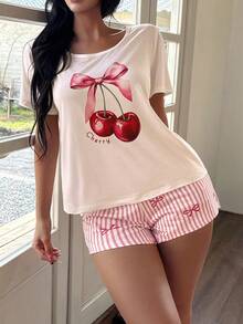 Napfluff SweetSlumber Bow & Cherry Print Short Sleeve Top With Striped Shorts Women Pajama Set - Apricot - View 4