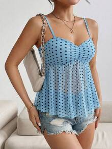 SHEIN Women's Blue Polka Dot Print Ruffle Camisole, Suitable For Beach Vacation Vacation Summer Cute - Baby Blue - View 3