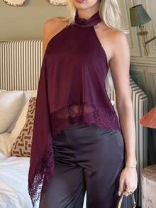 Theaadoraa Elegant Lace Trim Backless Camisole Top, Sexy Satin Patchwork Sleeveless Blouse For Party, Cocktail, Formal Occasions, Business Casual Halter Neck Top,Summer Outfits For Women,Tank Top - Maroon - View 3