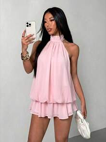 SHEIN PETITE Đầm ngắn cổ yếm màu be thanh lịch dành cho nữ - Màu Hồng baby - Xem 6